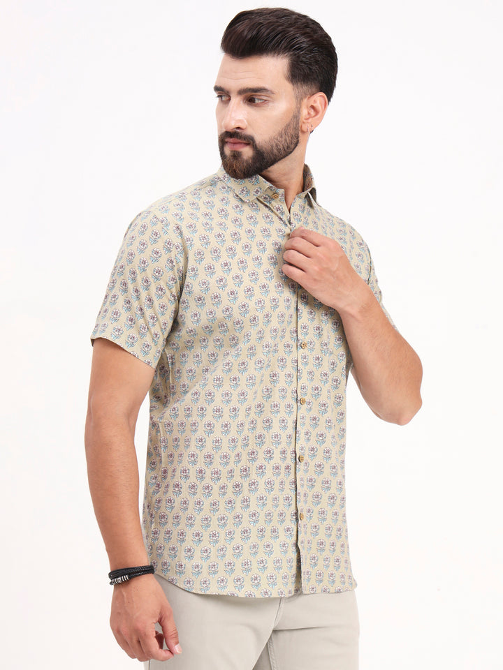 MILLENNIAL MEN Light Green Floral Printed Half Sleeves Shirt