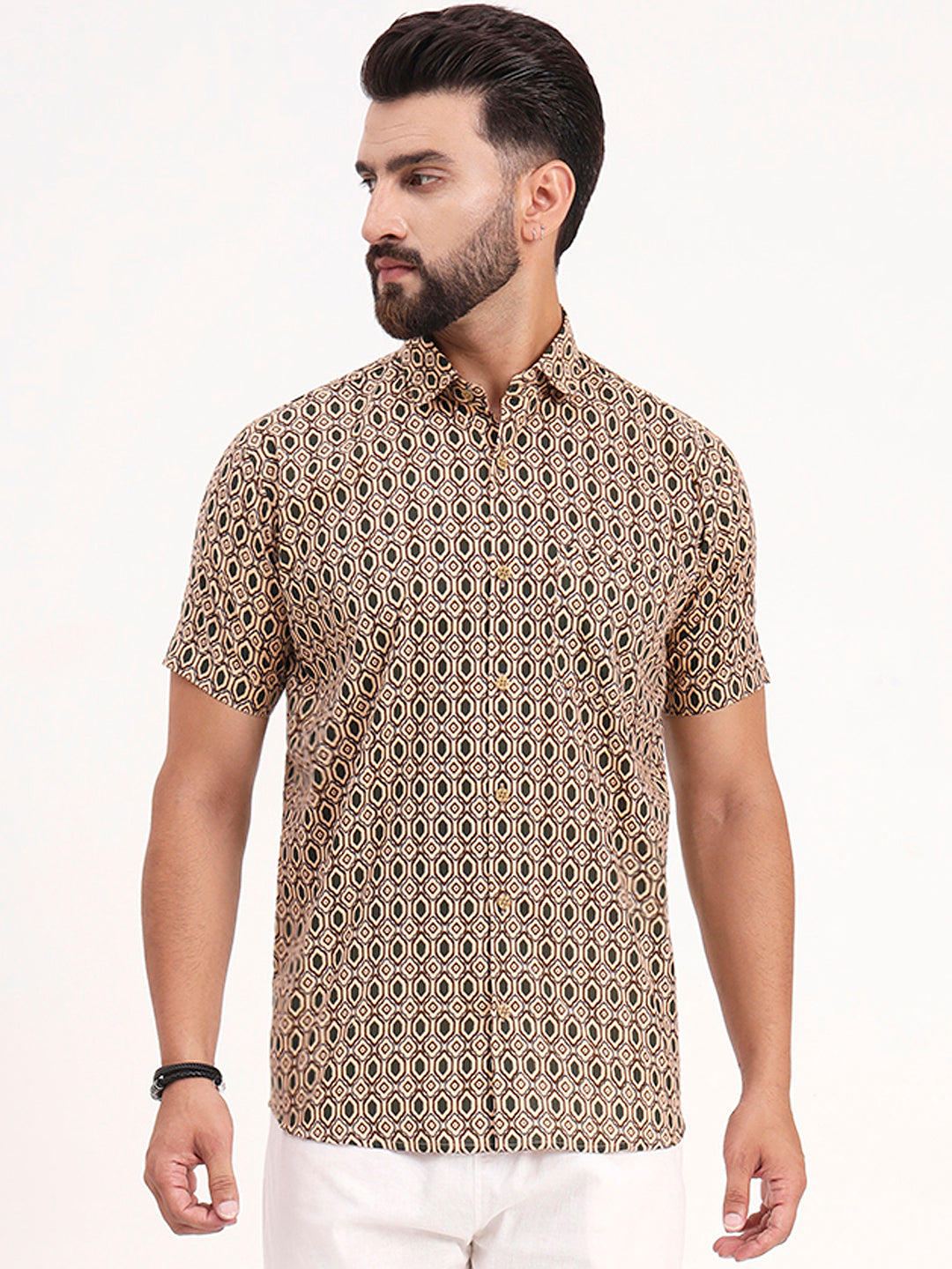 Tan Beige Geometric Printed Half Sleeves Shirt — view 1