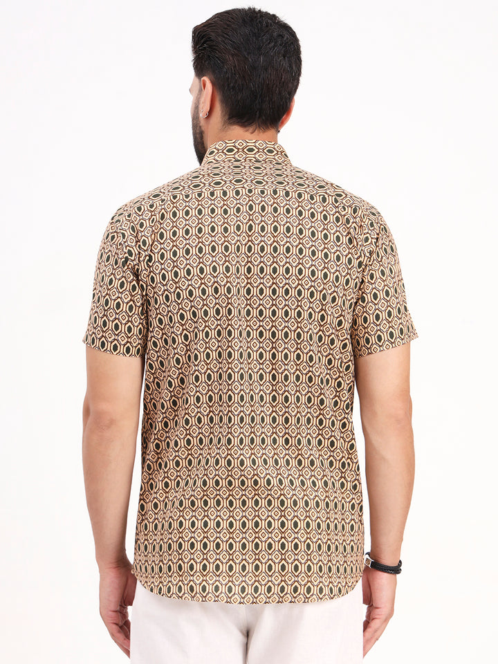 MILLENNIAL MEN Tan Beige Geometric Printed Half Sleeves Shirt