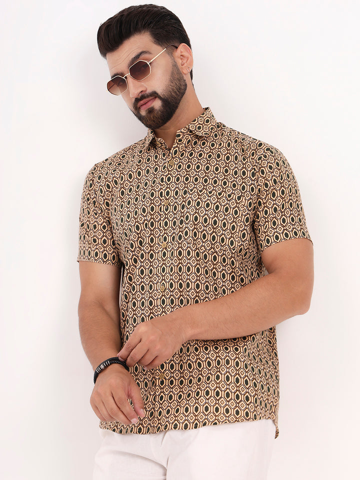 MILLENNIAL MEN Tan Beige Geometric Printed Half Sleeves Shirt