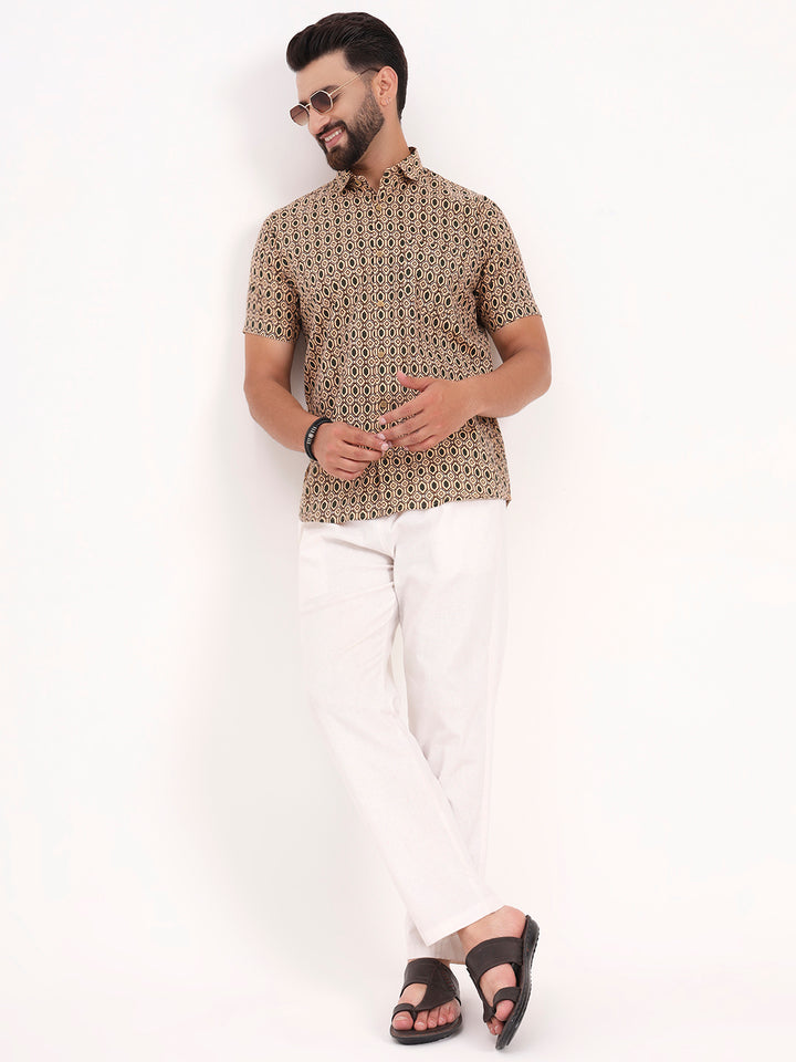 MILLENNIAL MEN Tan Beige Geometric Printed Half Sleeves Shirt