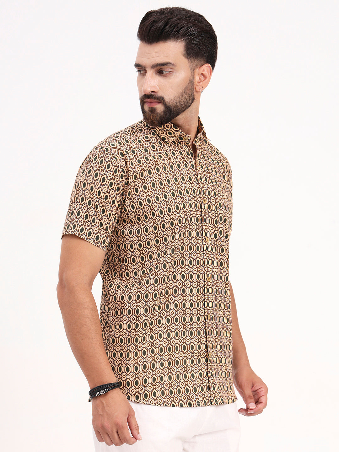 MILLENNIAL MEN Tan Beige Geometric Printed Half Sleeves Shirt