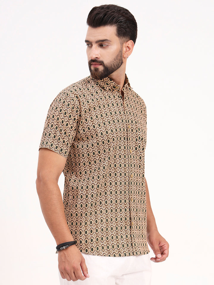 MILLENNIAL MEN Tan Beige Geometric Printed Half Sleeves Shirt
