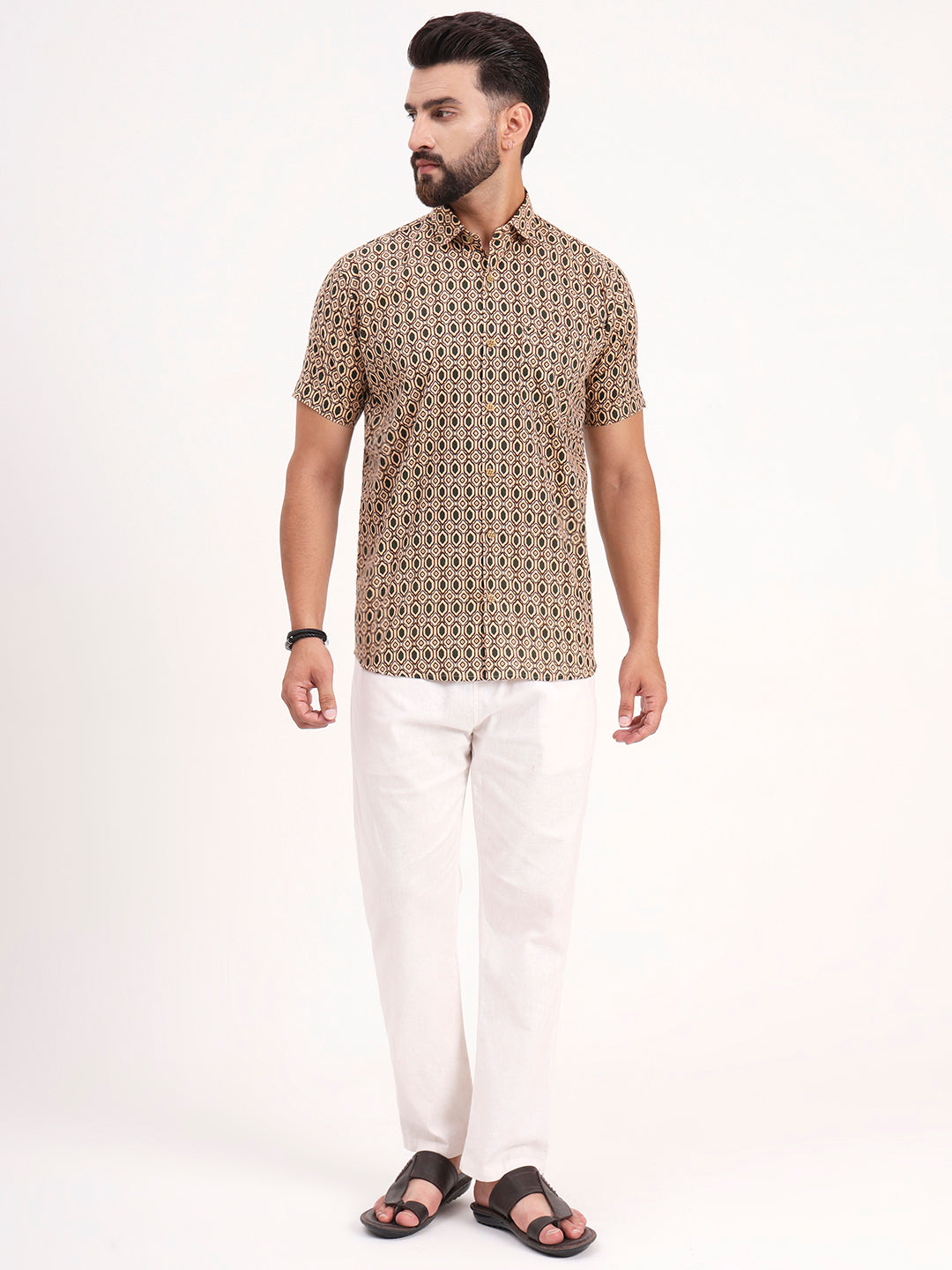 MILLENNIAL MEN Tan Beige Geometric Printed Half Sleeves Shirt