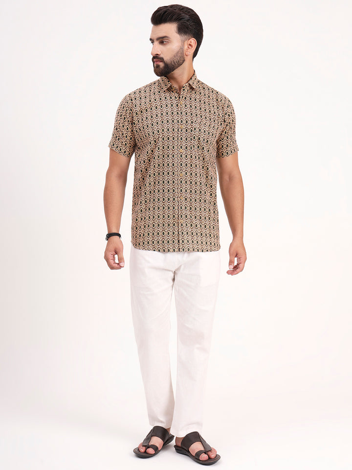 MILLENNIAL MEN Tan Beige Geometric Printed Half Sleeves Shirt
