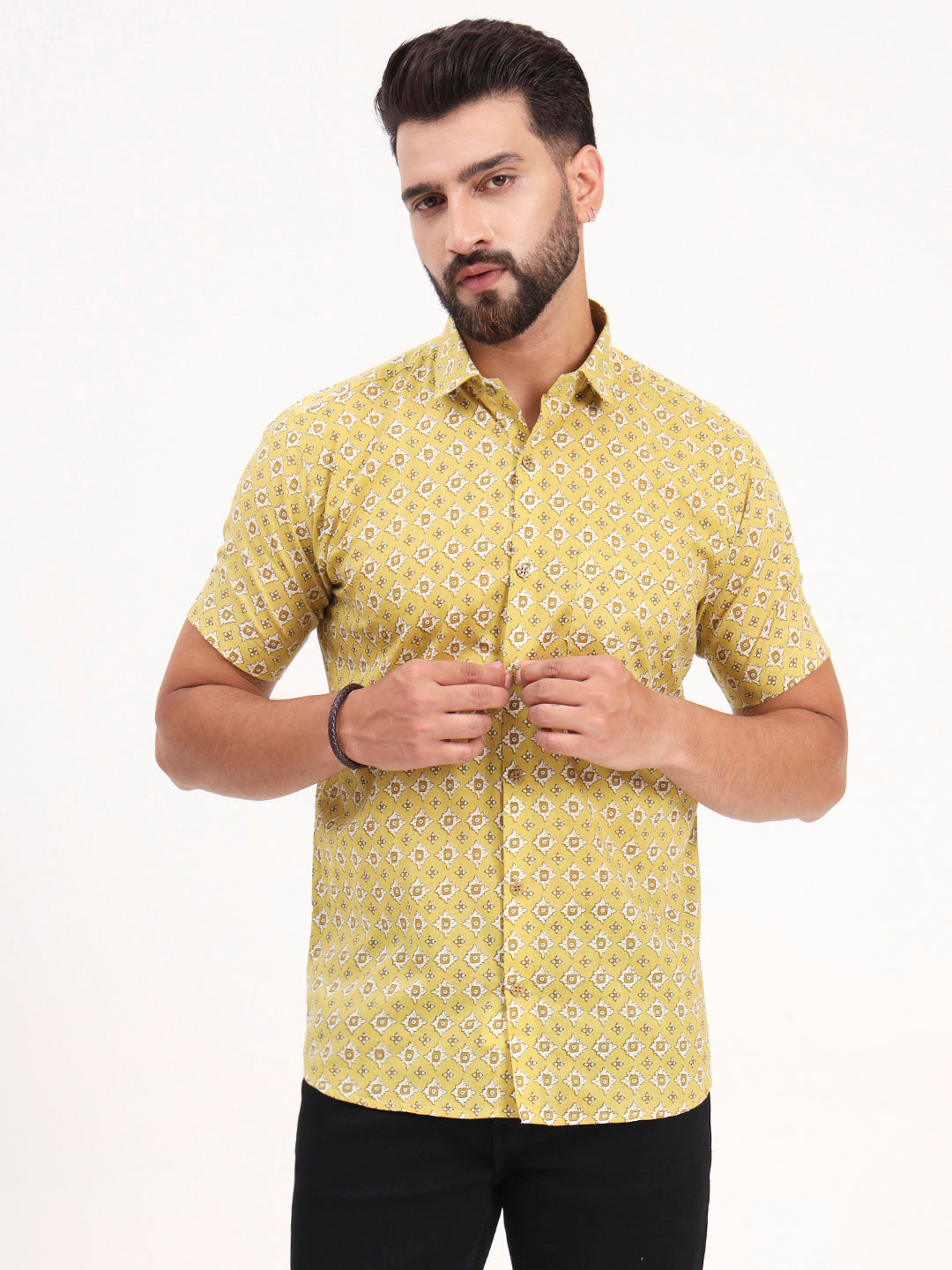 Yellow Abstract Printed Half Sleeves Shirt — view 1