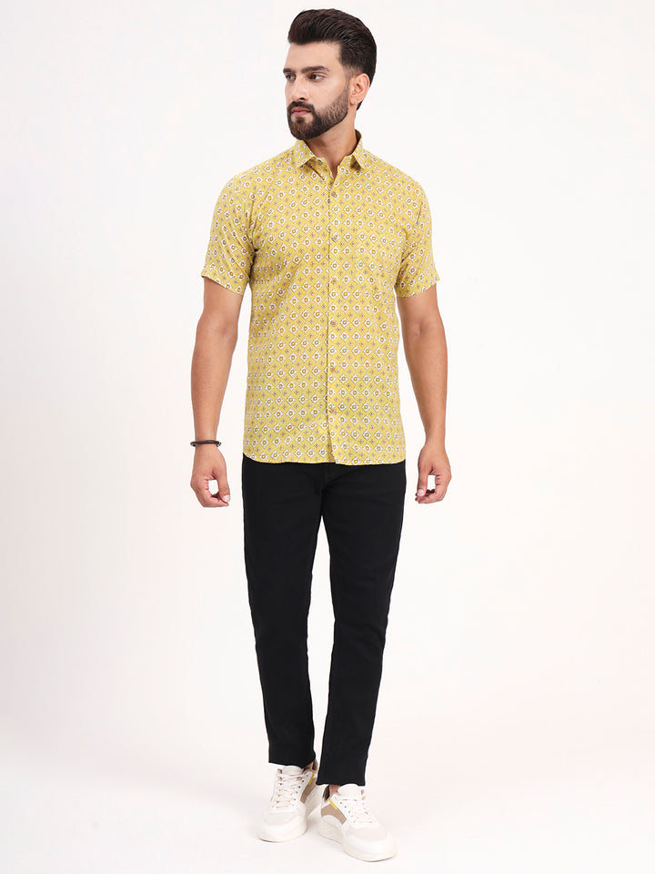 MILLENNIAL MEN Yellow Abstract Printed Half Sleeves Shirt