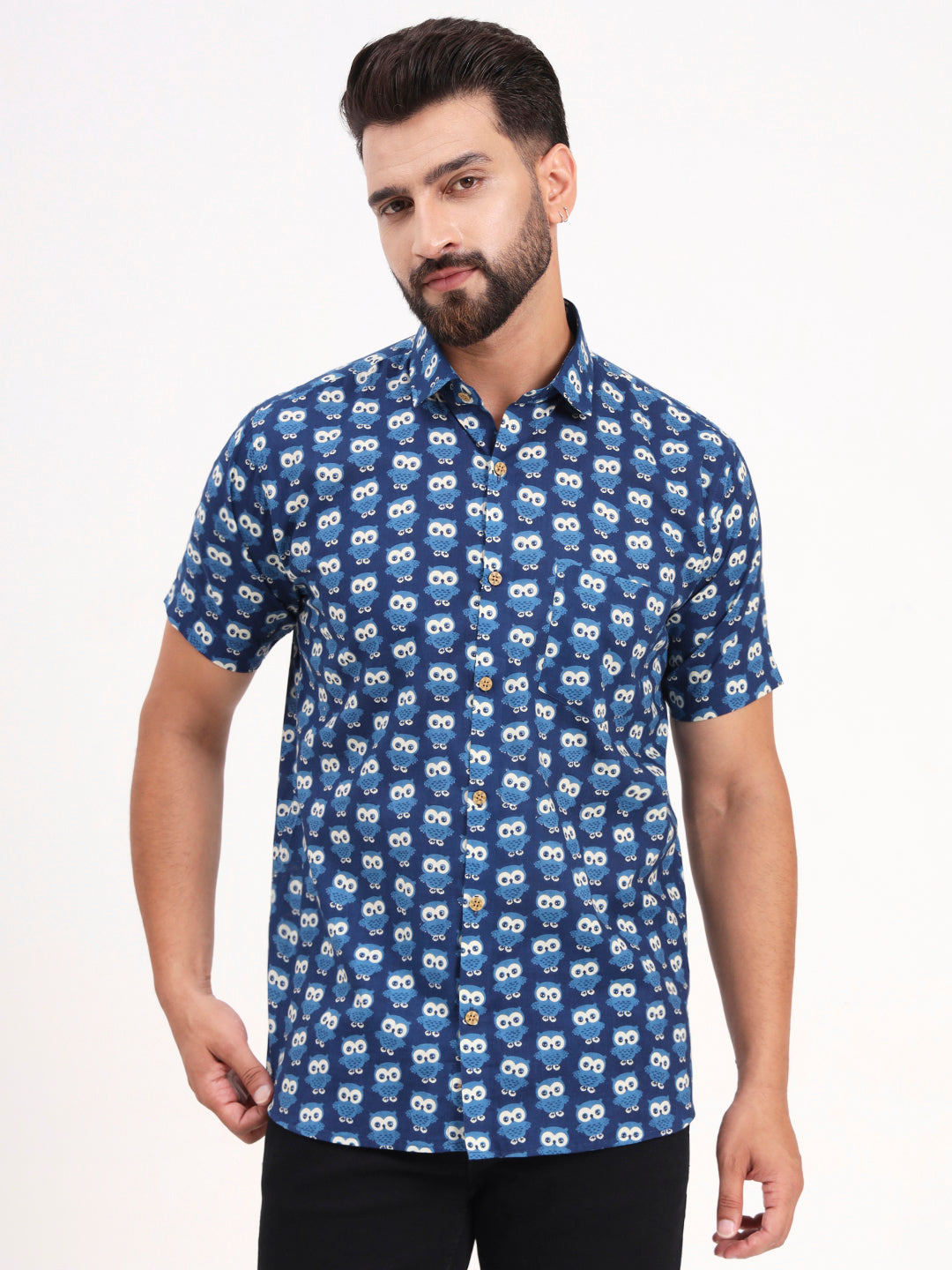 Indigo Blue Animal Printed Half Sleeves Shirt — view 1