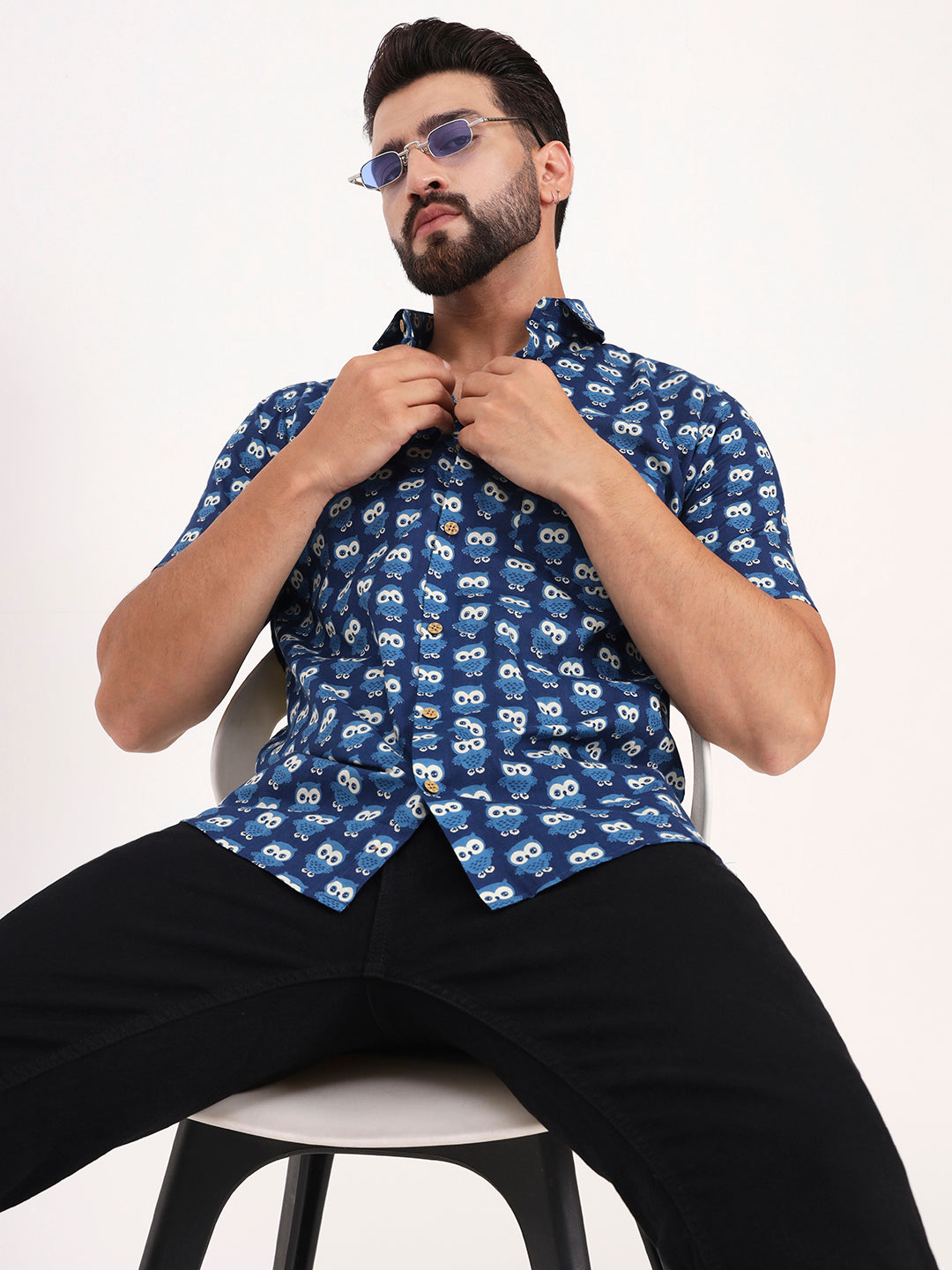 MILLENNIAL MEN Indigo Blue Animal Printed Half Sleeves Shirt