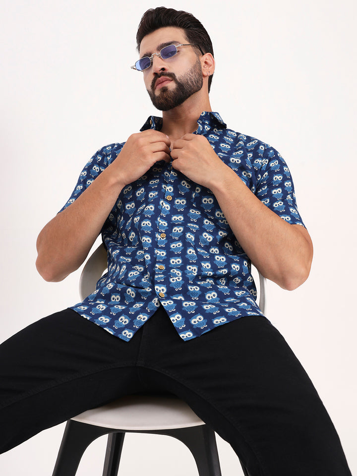 MILLENNIAL MEN Indigo Blue Animal Printed Half Sleeves Shirt