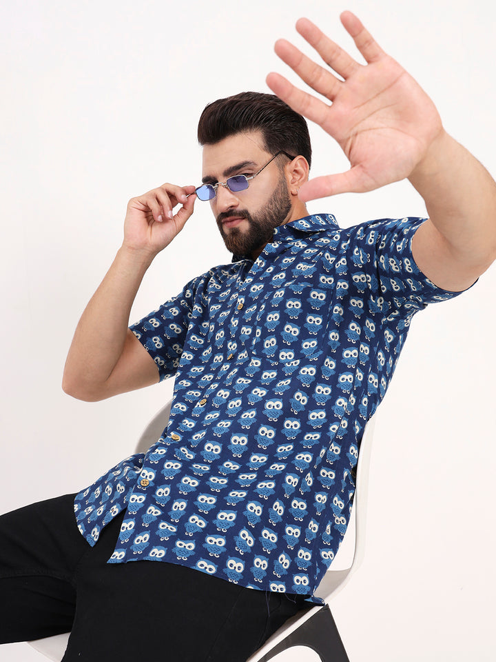 MILLENNIAL MEN Indigo Blue Animal Printed Half Sleeves Shirt