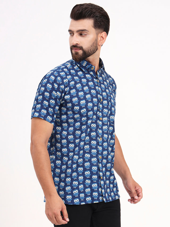 MILLENNIAL MEN Indigo Blue Animal Printed Half Sleeves Shirt