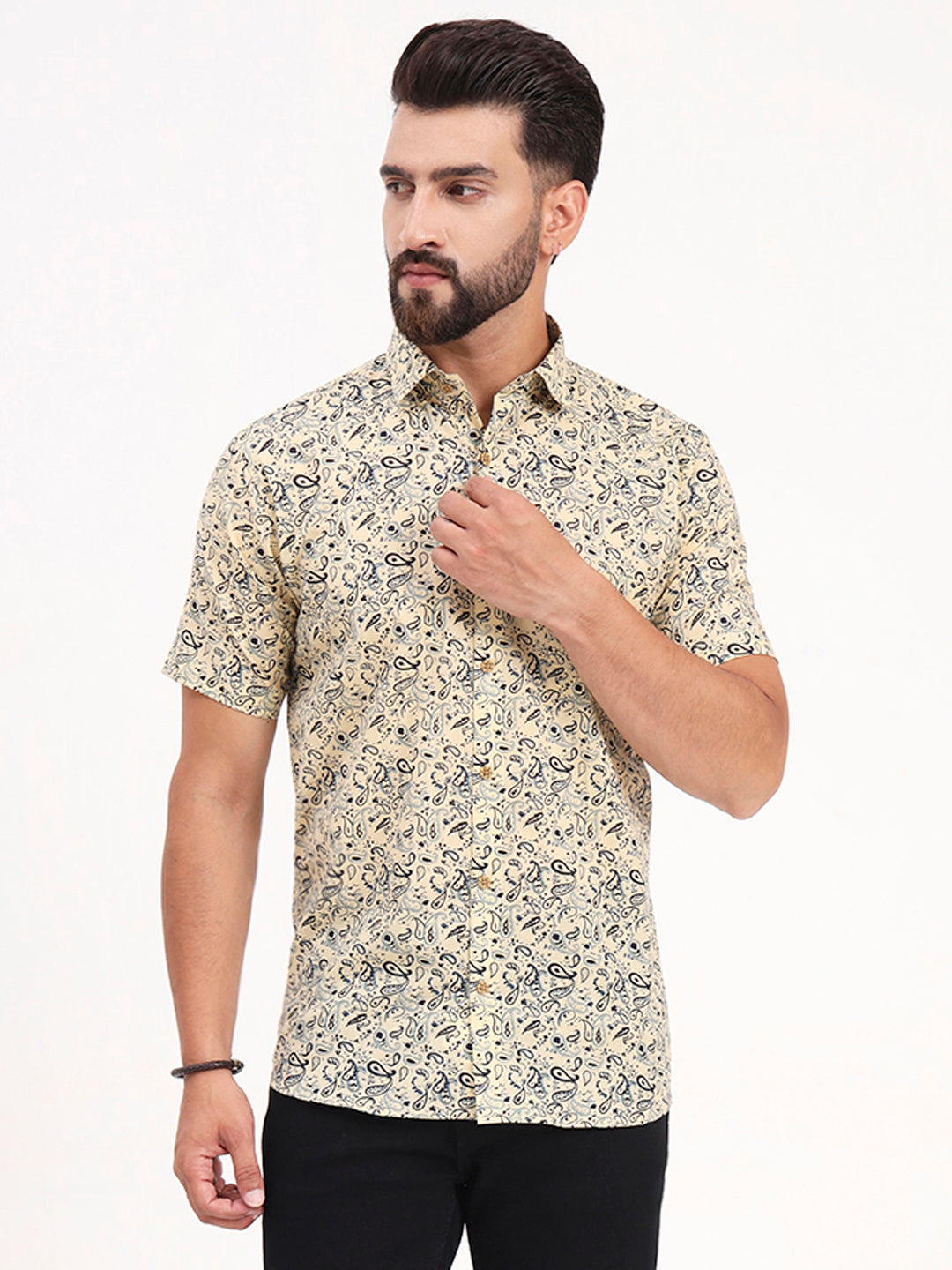 Light Yellow Paisley Printed Half Sleeves Shirt — view 1