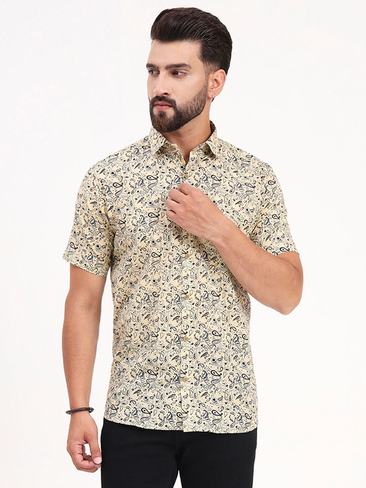 MILLENNIAL MEN Light Yellow Paisley Printed Half Sleeves Shirt