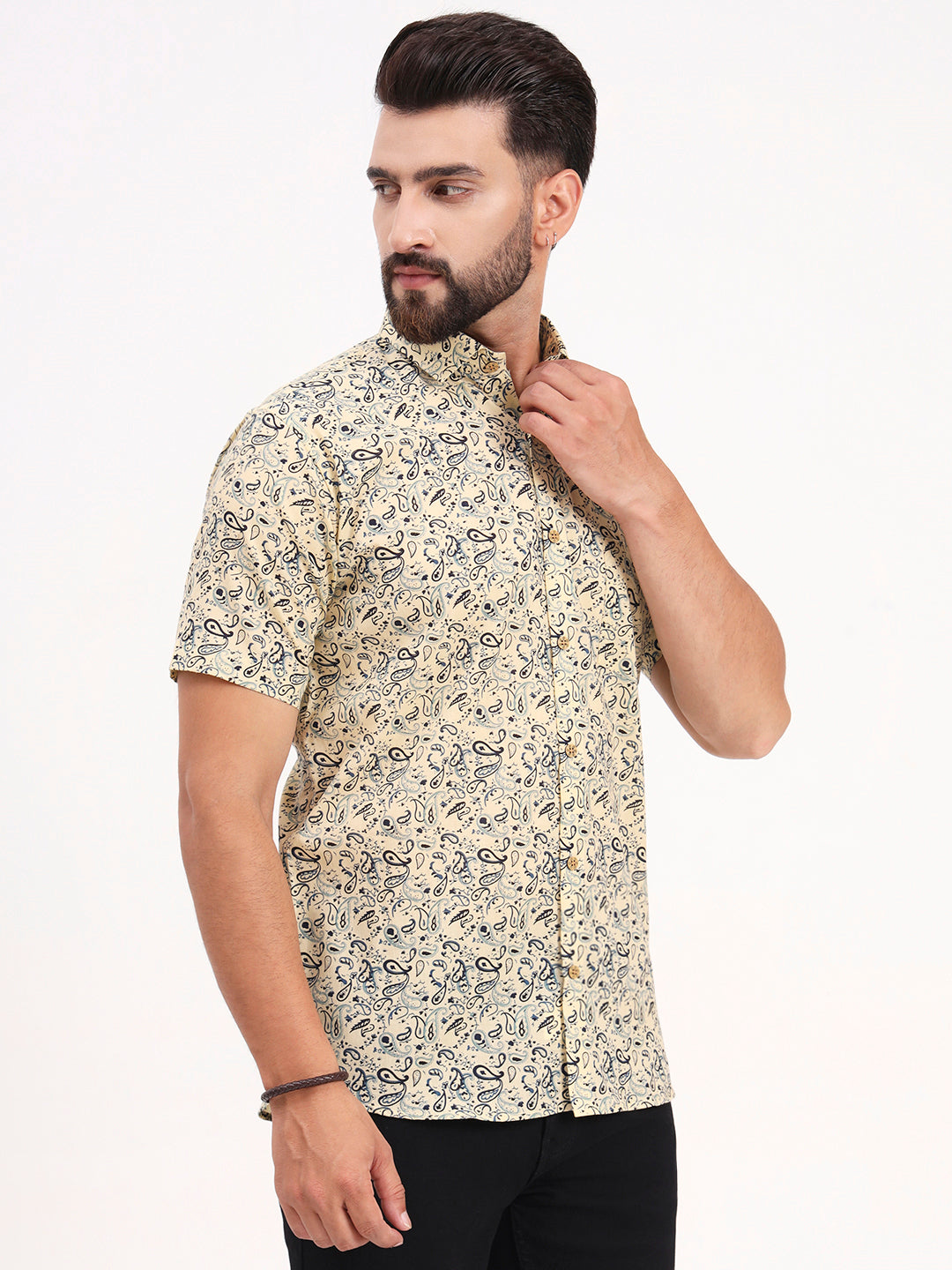 MILLENNIAL MEN Light Yellow Paisley Printed Half Sleeves Shirt