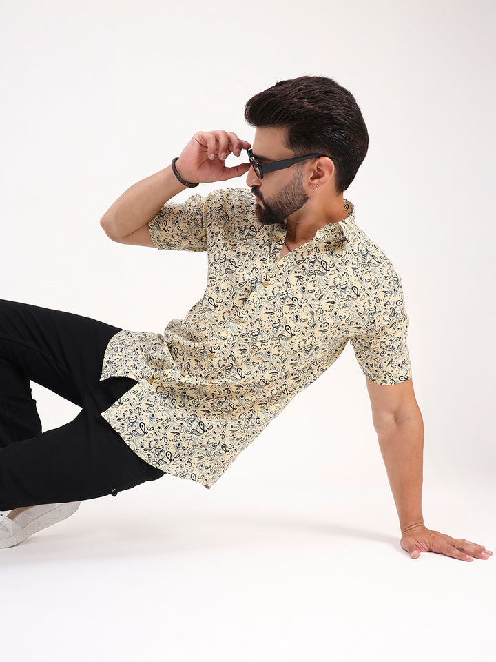 MILLENNIAL MEN Light Yellow Paisley Printed Half Sleeves Shirt