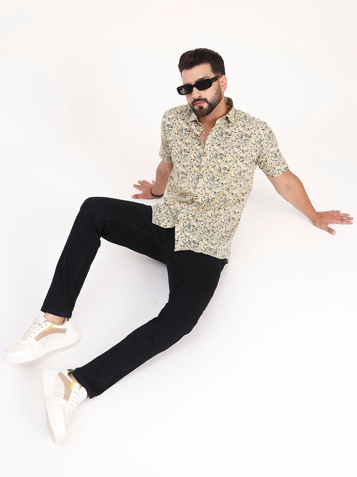 MILLENNIAL MEN Light Yellow Paisley Printed Half Sleeves Shirt