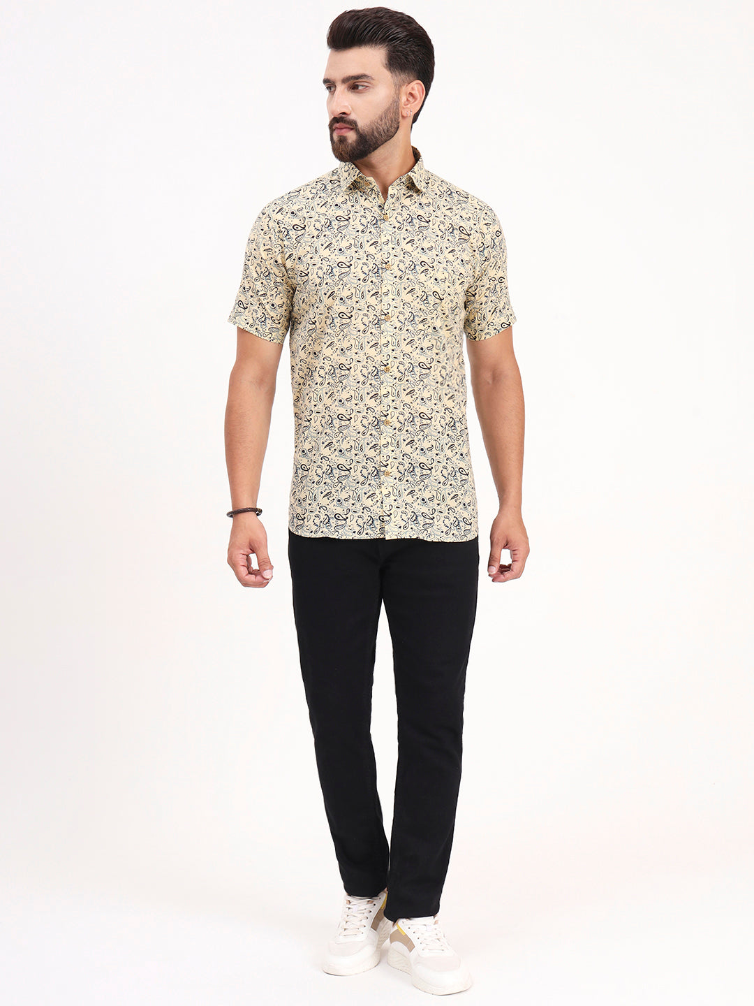 MILLENNIAL MEN Light Yellow Paisley Printed Half Sleeves Shirt