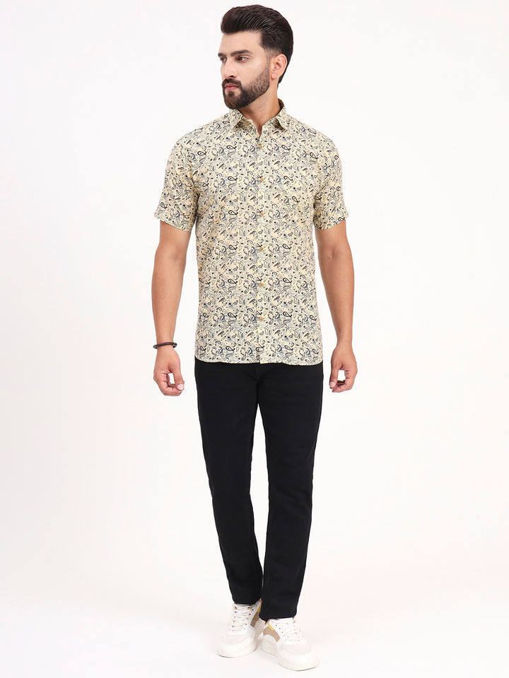 MILLENNIAL MEN Light Yellow Paisley Printed Half Sleeves Shirt