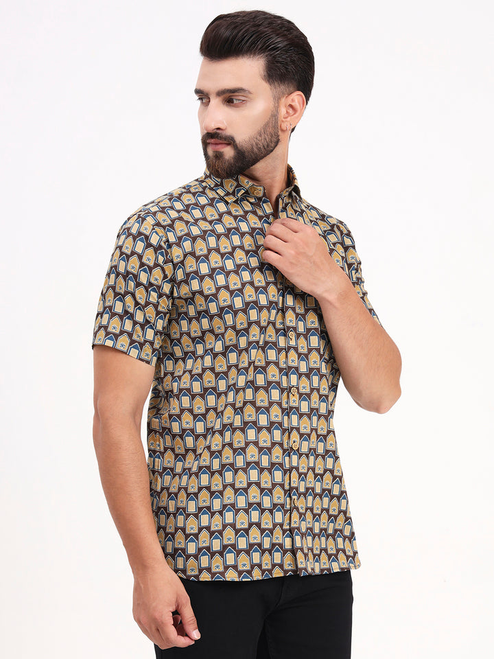 MILLENNIAL MEN Brown Abstract Printed Half Sleeves Shirt