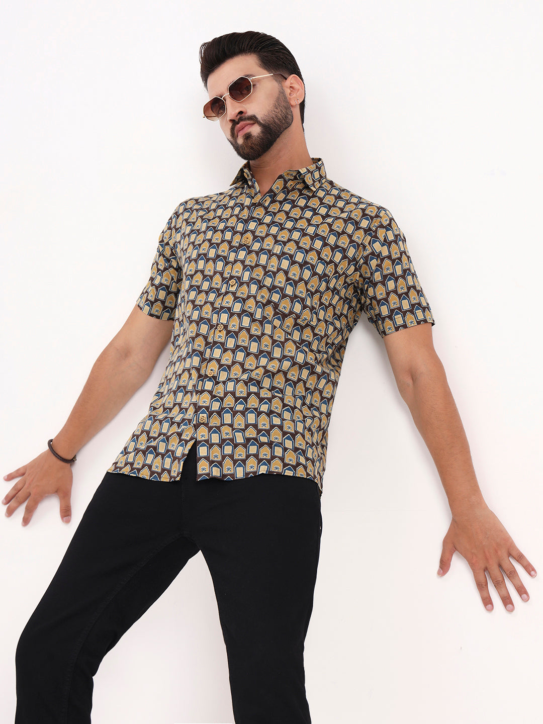 Brown Abstract Printed Half Sleeves Shirt — view 1