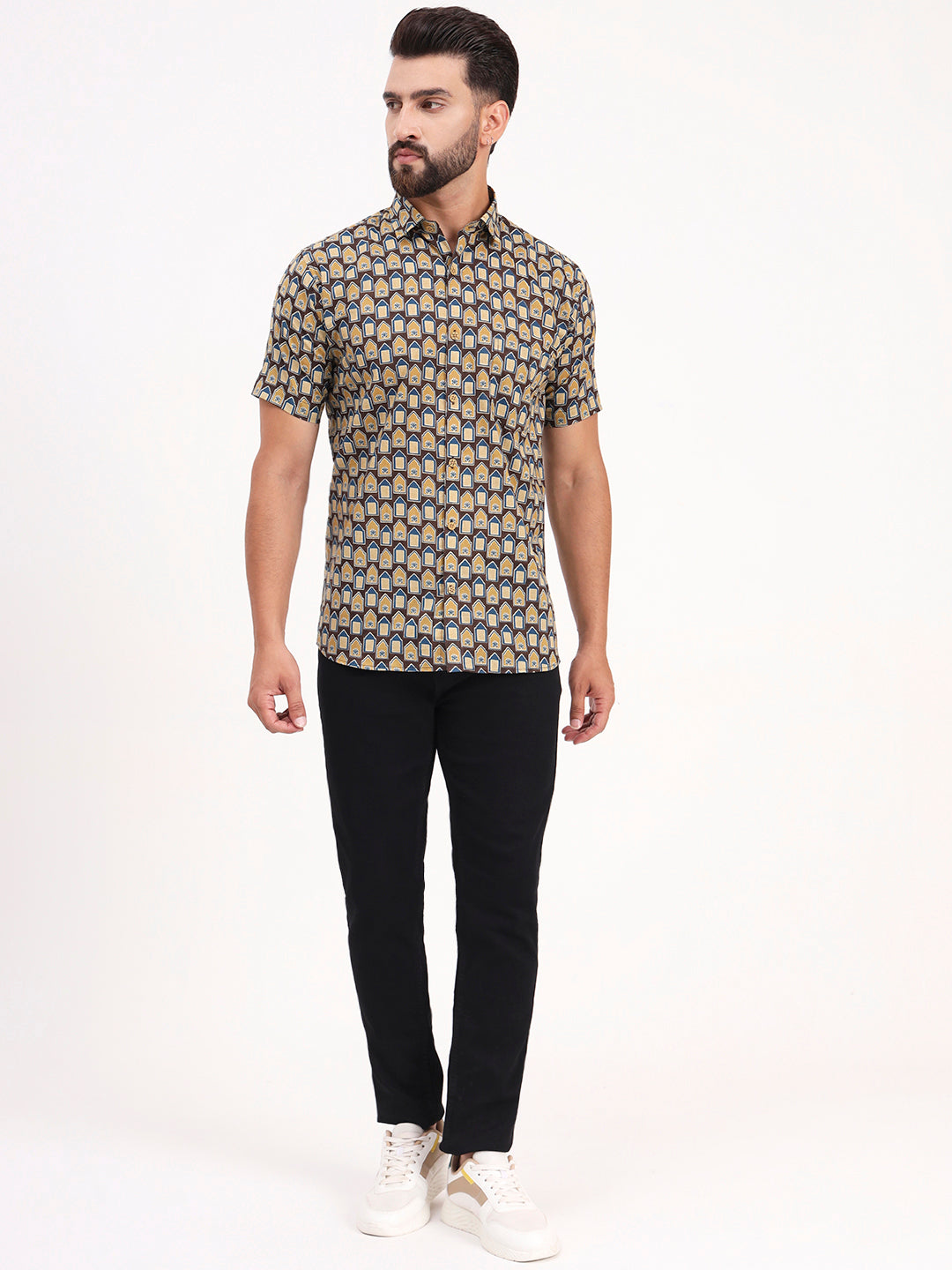 MILLENNIAL MEN Brown Abstract Printed Half Sleeves Shirt