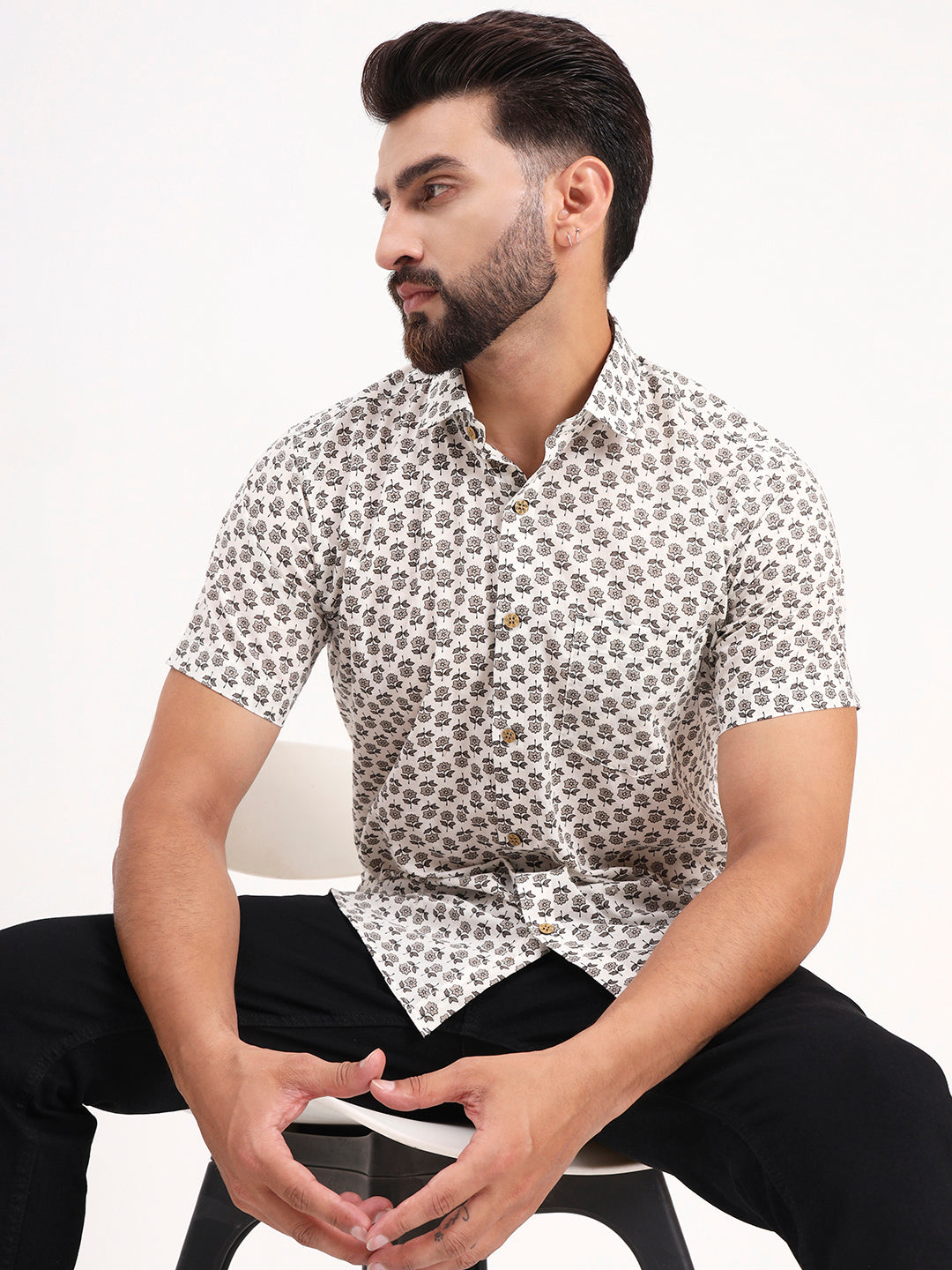 White Floral Printed Half Sleeves Shirt — view 1