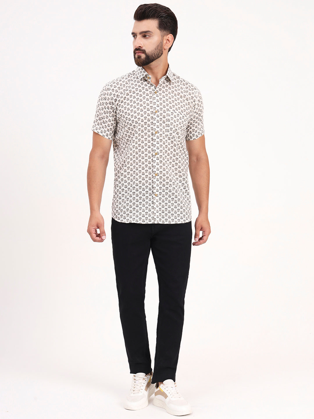 MILLENNIAL MEN White Floral Printed Half Sleeves Shirt