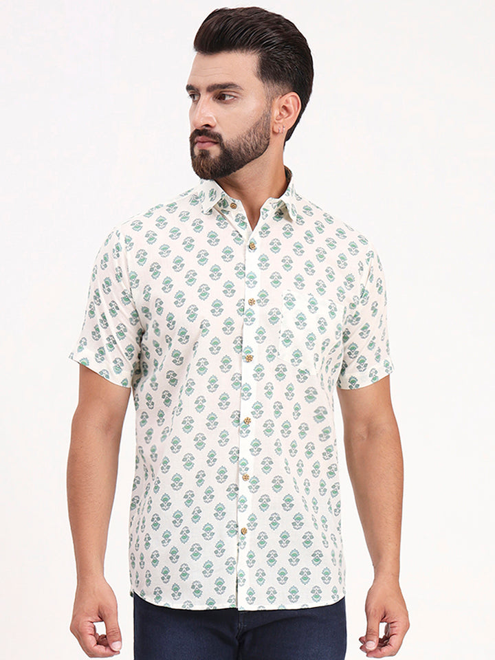 MILLENNIAL MEN Cream Floral Printed Half Sleeves Shirt