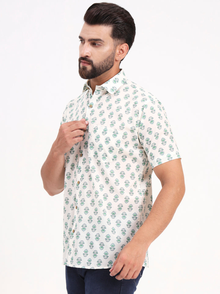 MILLENNIAL MEN Cream Floral Printed Half Sleeves Shirt