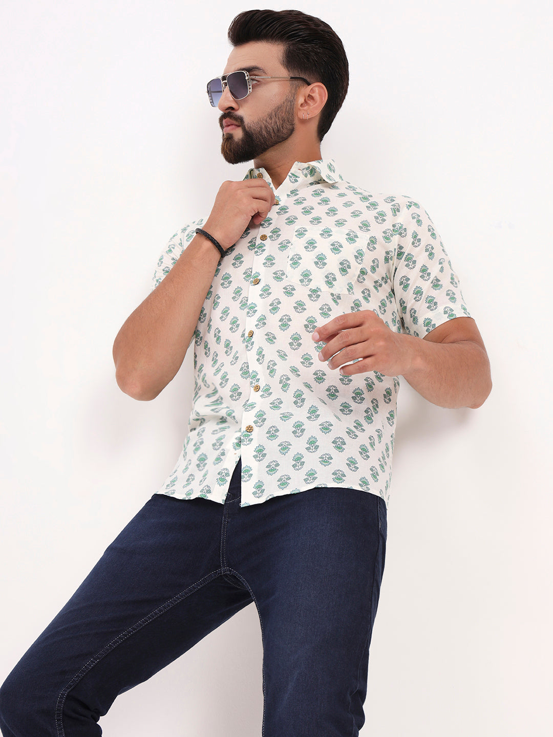 Cream Floral Printed Half Sleeves Shirt — view 1