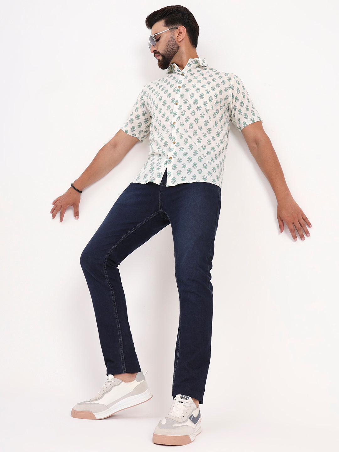 MILLENNIAL MEN Cream Floral Printed Half Sleeves Shirt