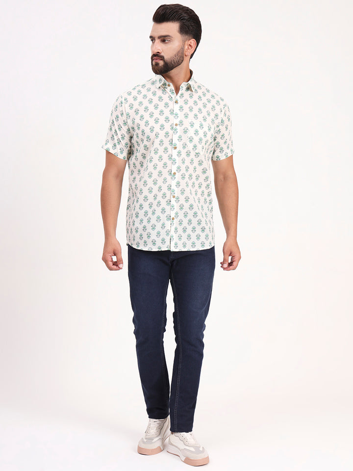 MILLENNIAL MEN Cream Floral Printed Half Sleeves Shirt