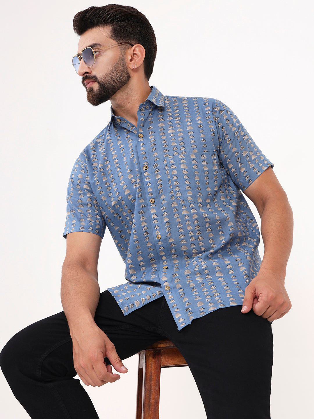 Sky Blue Abstract Printed Half Sleeves Shirt — view 1