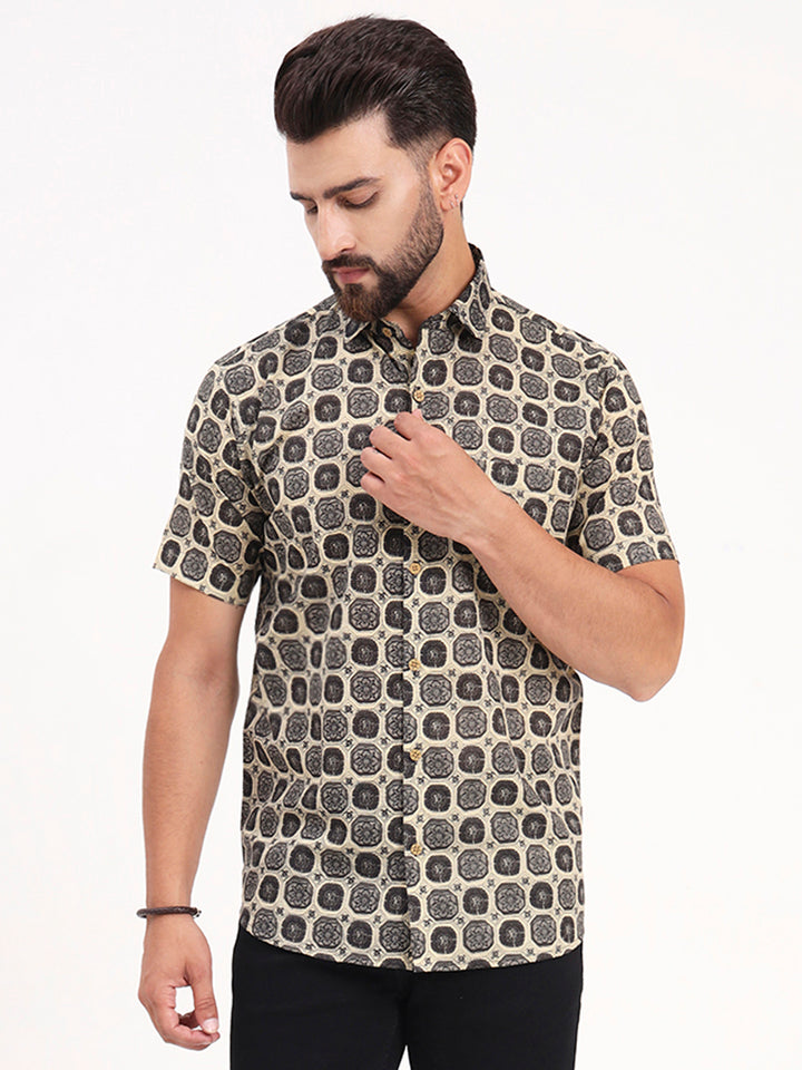 MILLENNIAL MEN Beige & Dark Grey Geometric Printed Half Sleeves Shirt