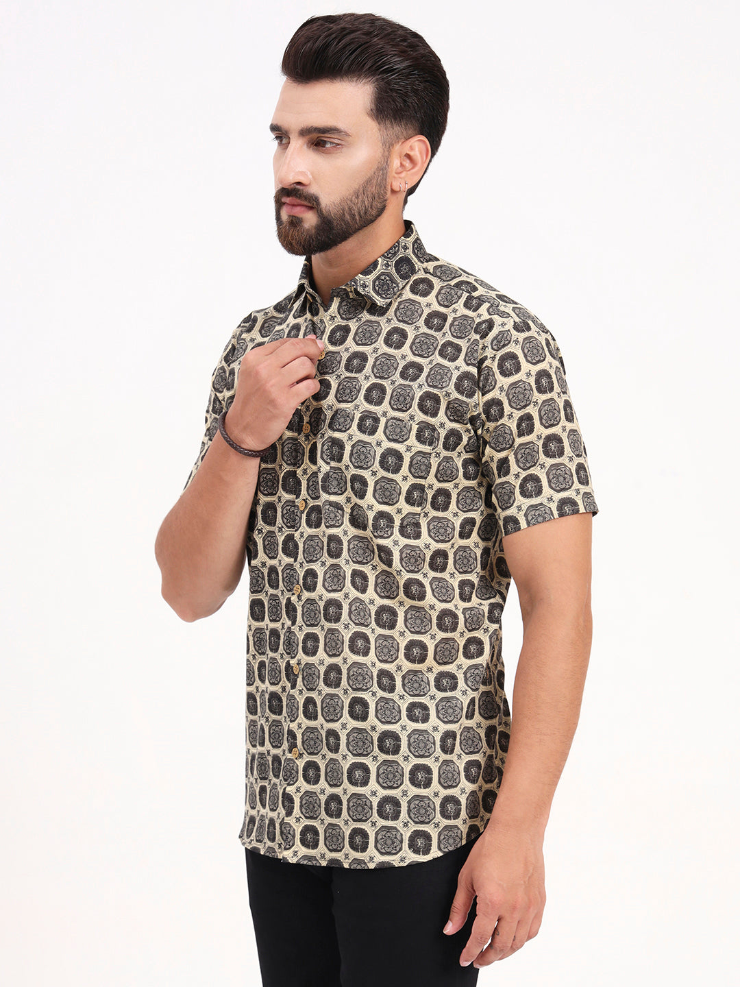 MILLENNIAL MEN Beige & Dark Grey Geometric Printed Half Sleeves Shirt