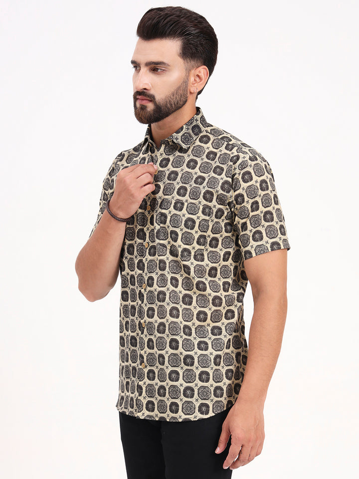 MILLENNIAL MEN Beige & Dark Grey Geometric Printed Half Sleeves Shirt