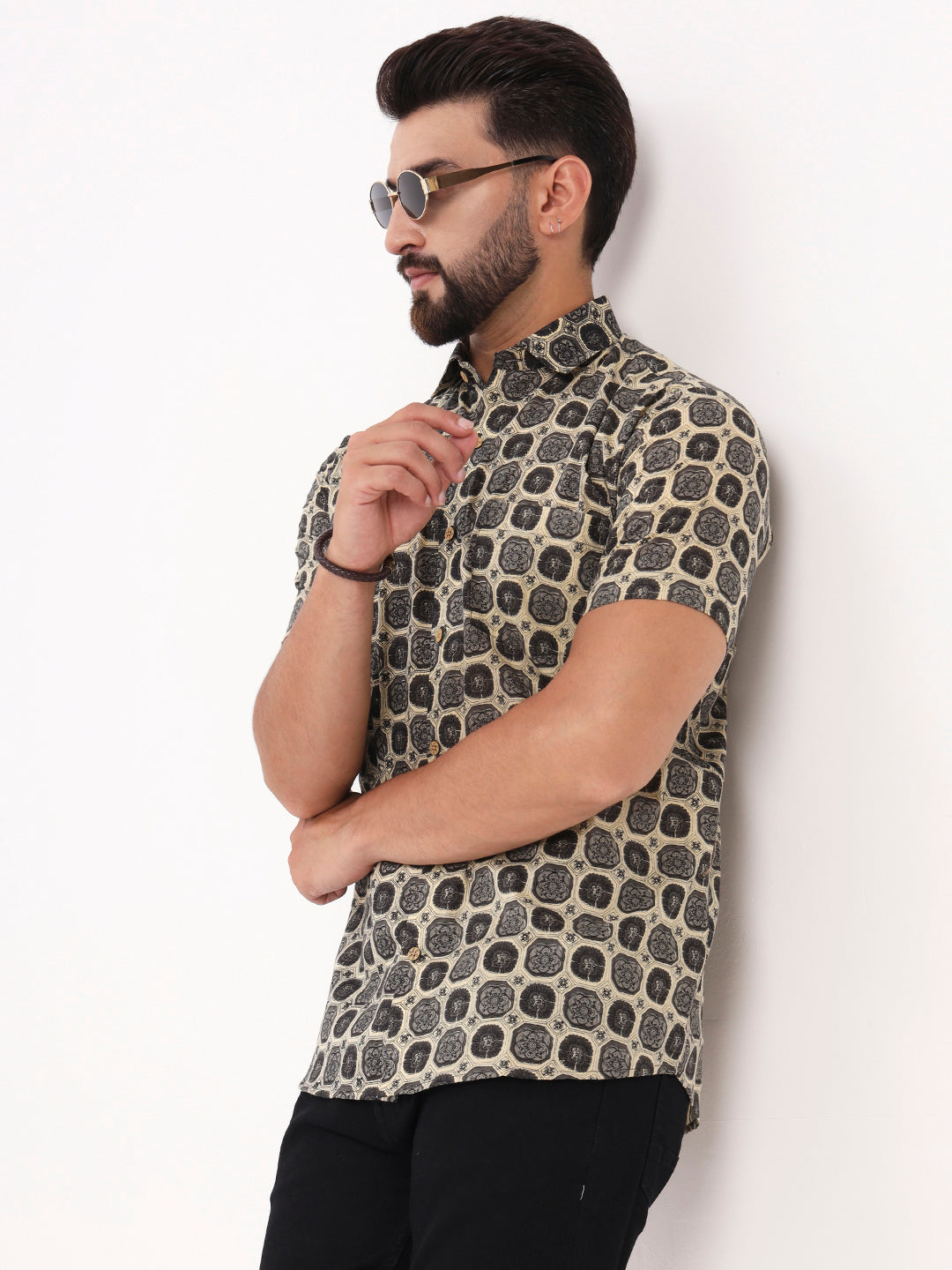Beige & Dark Grey Geometric Printed Half Sleeves Shirt — view 1