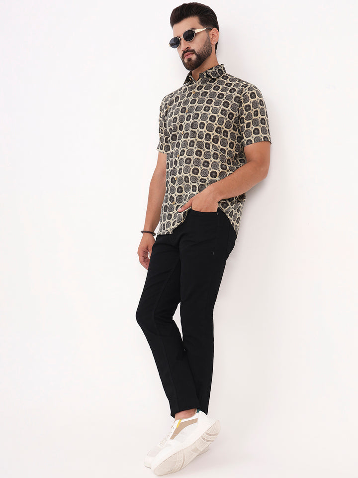 MILLENNIAL MEN Beige & Dark Grey Geometric Printed Half Sleeves Shirt
