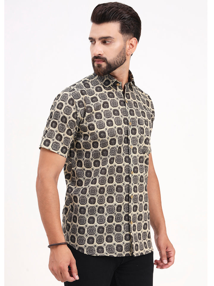 MILLENNIAL MEN Beige & Dark Grey Geometric Printed Half Sleeves Shirt
