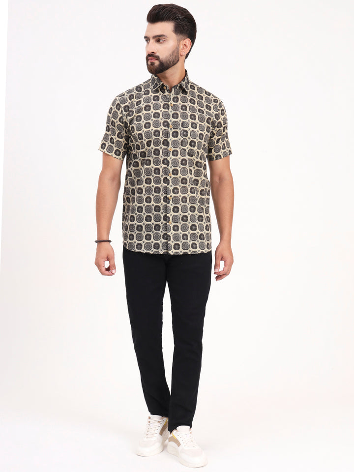 MILLENNIAL MEN Beige & Dark Grey Geometric Printed Half Sleeves Shirt