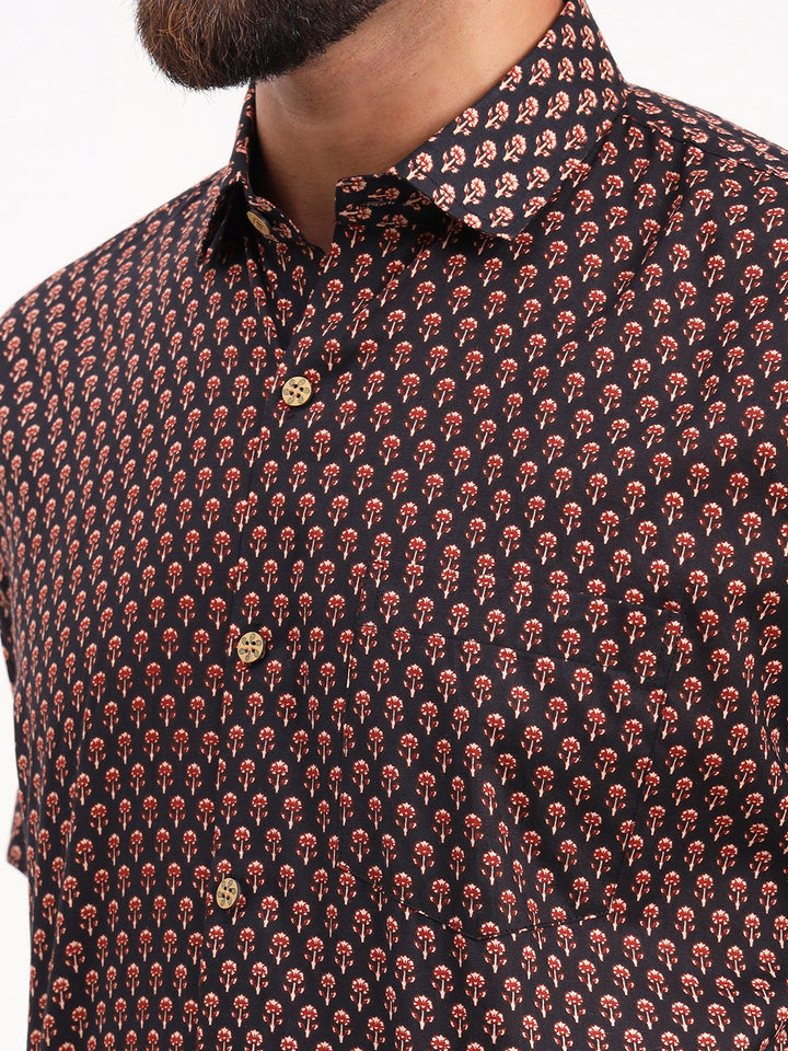 MILLENNIAL MEN Black Floral Printed Half Sleeves Shirt