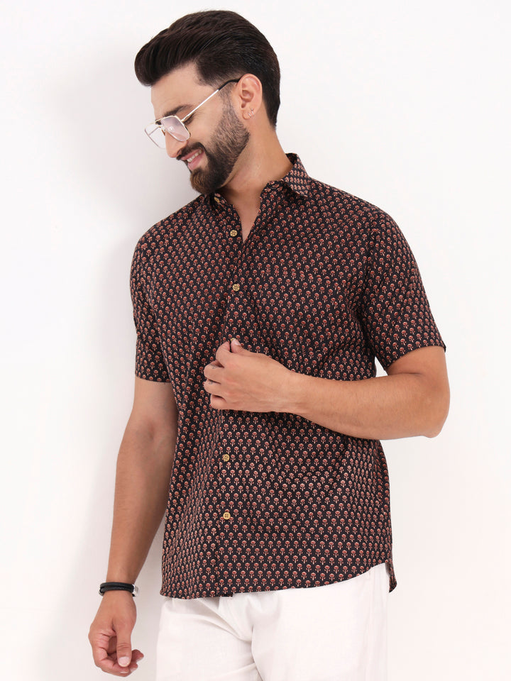 MILLENNIAL MEN Black Floral Printed Half Sleeves Shirt