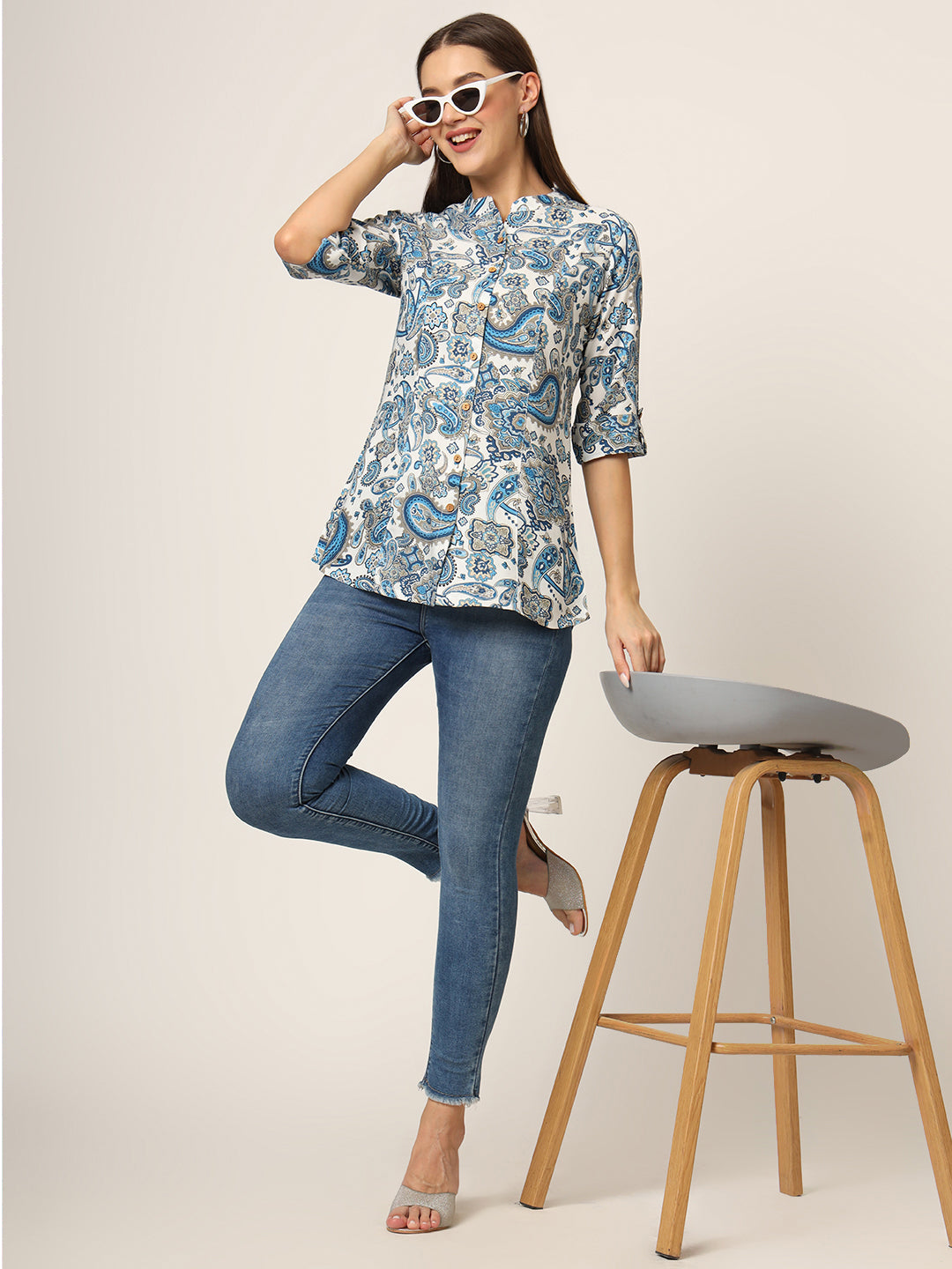 Divena White & Blue Printed Rayon Fabric Shirt Style Top