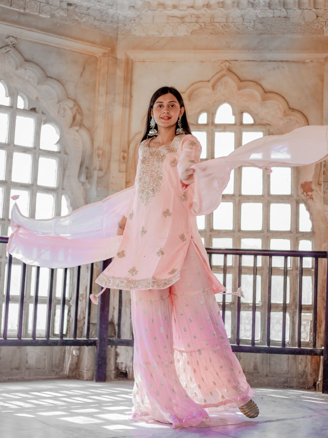 Divena Women Pink Yoke Design Zardozi Chanderi Silk Kurta with Sharara & With Dupatta