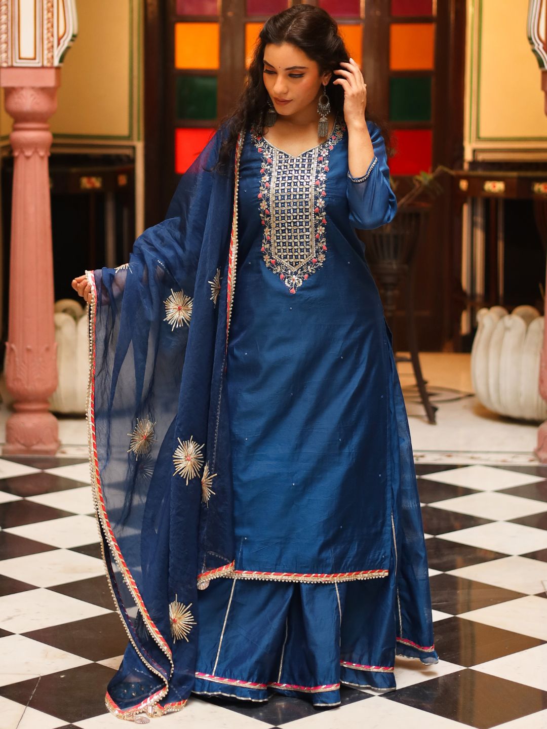 Blue Solid Chenderi Kurta Skirt Set with Dupatta — view 1