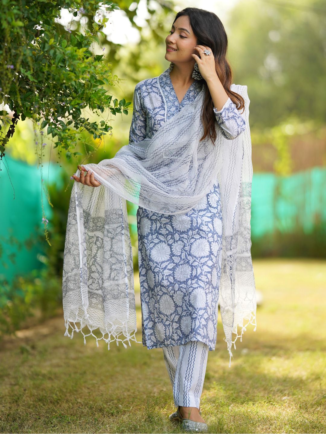 Sky blue Hand Block Printed Straight kurta Pant Set with Dupatta — view 1
