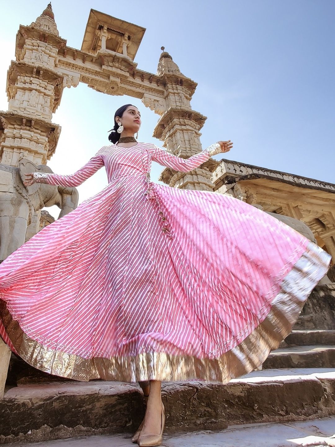 Pink Leheriya Cotton Anarkali With Copper Lace — view 1