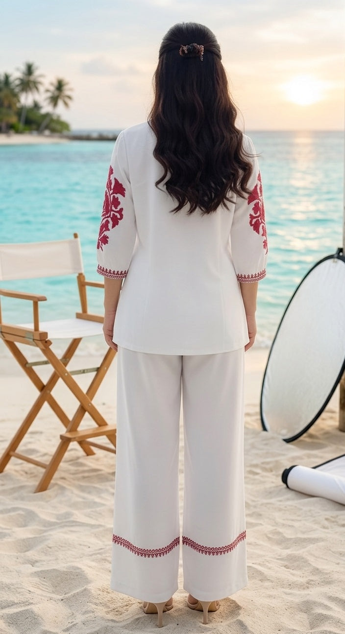 Divena White Solid Pink Embroidary Co-ords Sets