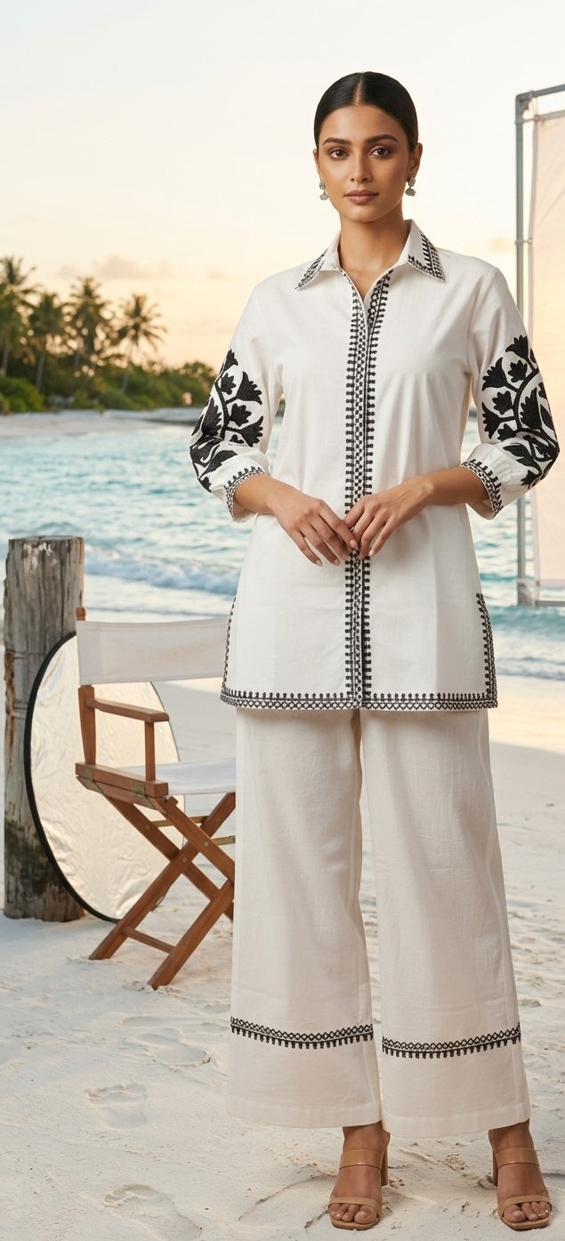 Divena White Solid Black Embroidary Co-ords Sets